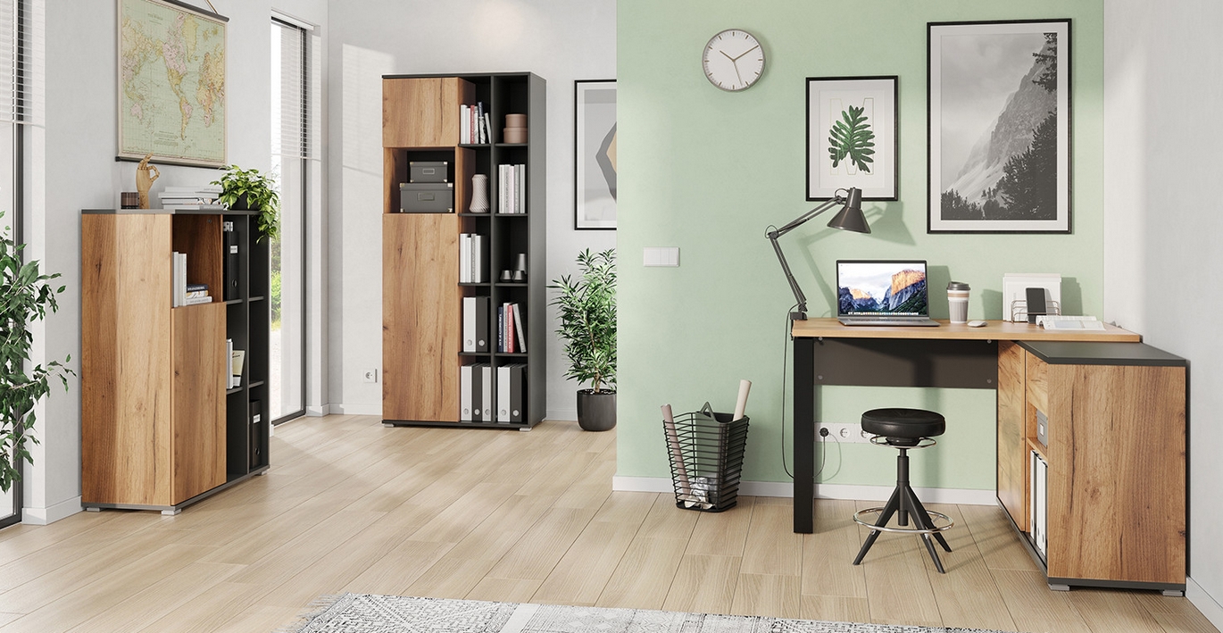 Ensemble bureau avec caisson et étagères de rangement